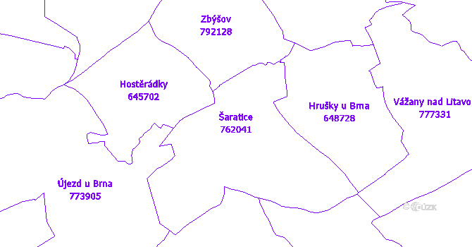 Katastrální mapa Šaratice - přehledová mapa katastrálního území