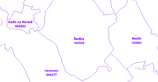 Katastrální mapa Šardice - přehledová mapa katastrálního území
