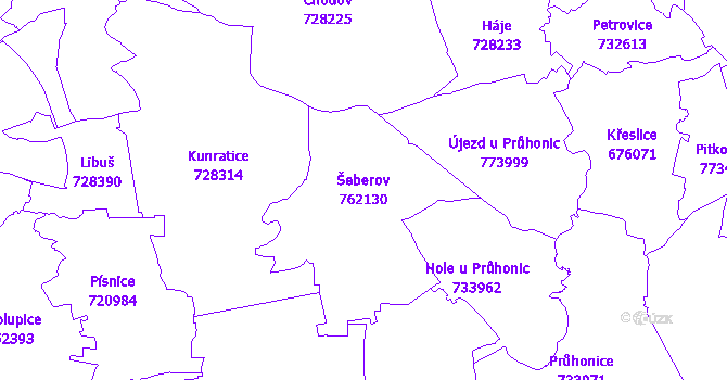 Katastrální mapa Šeberov - přehledová mapa katastrálního území