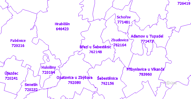 Katastrální mapa Březí u Šebestěnic - přehledová mapa katastrálního území