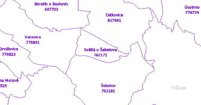 Katastrální mapa Světlá u Šebetova - přehledová mapa katastrálního území