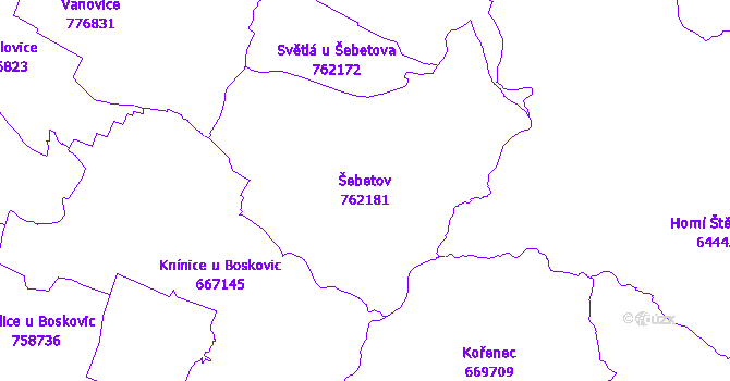 Katastrální mapa Šebetov - přehledová mapa katastrálního území