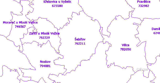 Katastrální mapa Šebířov - přehledová mapa katastrálního území