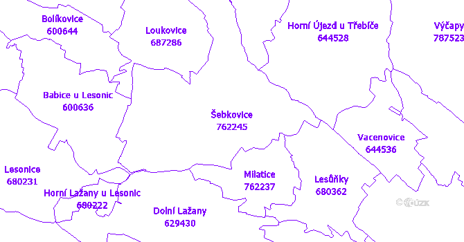 Katastrální mapa Šebkovice - přehledová mapa katastrálního území