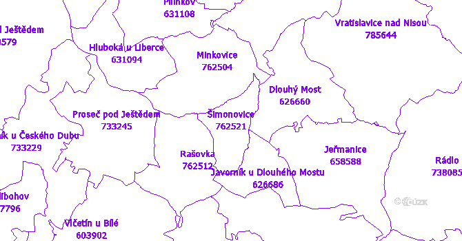 Katastrální mapa Šimonovice - přehledová mapa katastrálního území