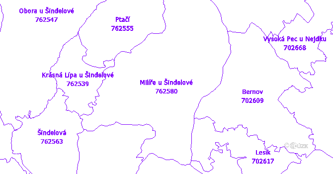 Katastrální mapa Milíře u Šindelové - přehledová mapa katastrálního území