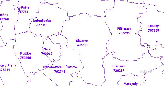 Katastrální mapa Škvorec - přehledová mapa katastrálního území