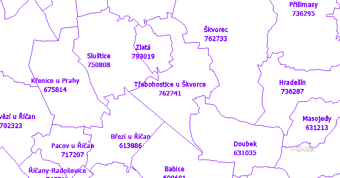 Katastrální mapa Třebohostice u Škvorce - přehledová mapa katastrálního území