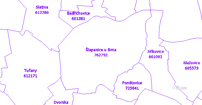 Katastrální mapa Šlapanice u Brna - přehledová mapa katastrálního území