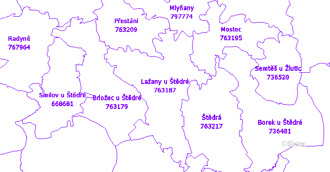 Katastrální mapa Lažany u Štědré - přehledová mapa katastrálního území