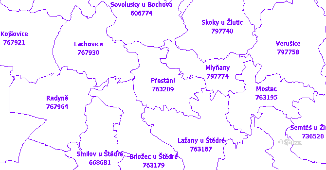 Katastrální mapa Přestání - přehledová mapa katastrálního území