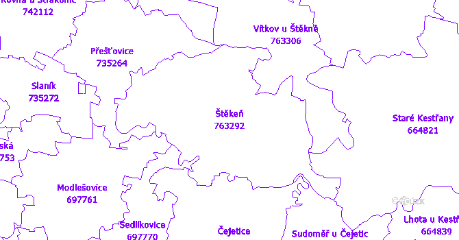 Katastrální mapa Štěkeň - přehledová mapa katastrálního území