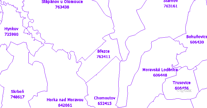 Katastrální mapa Březce - přehledová mapa katastrálního území