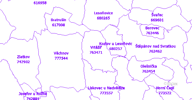 Katastrální mapa Vrtěžíř - přehledová mapa katastrálního území