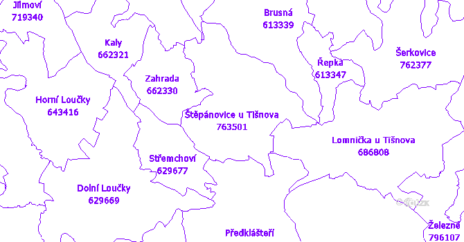 Katastrální mapa Štěpánovice u Tišnova - přehledová mapa katastrálního území