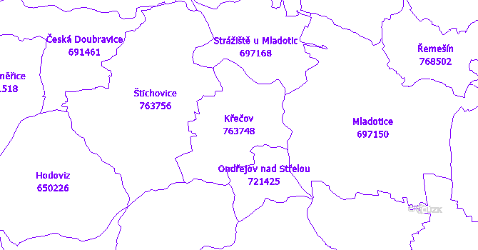 Katastrální mapa Křečov - přehledová mapa katastrálního území