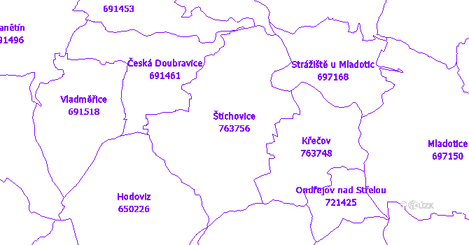 Katastrální mapa Štichovice - přehledová mapa katastrálního území