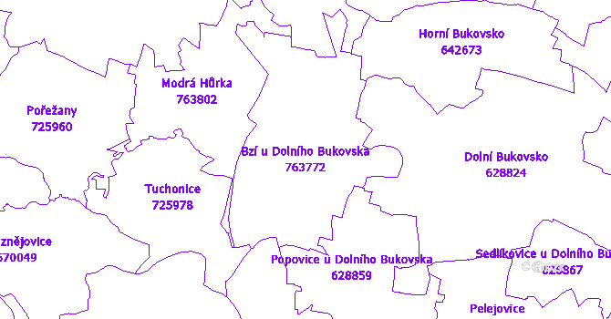 Katastrální mapa Bzí u Dolního Bukovska - přehledová mapa katastrálního území