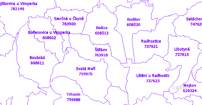 Katastrální mapa Štítkov - přehledová mapa katastrálního území