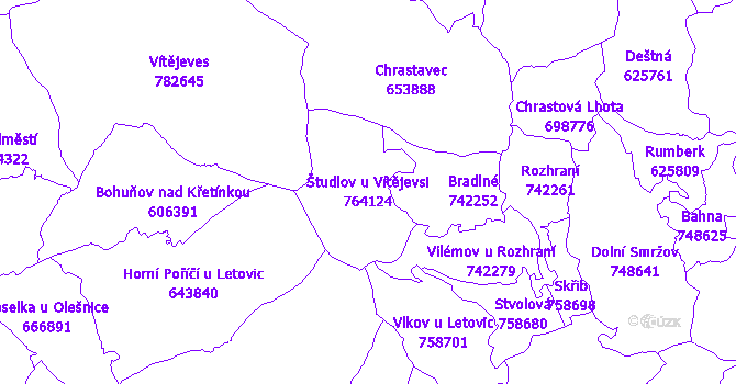 Katastrální mapa Študlov u Vítějevsi - přehledová mapa katastrálního území