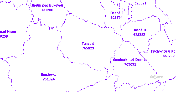 Katastrální mapa Tanvald - přehledová mapa katastrálního území