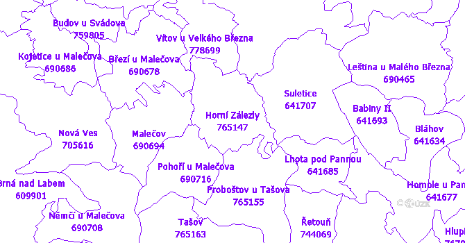 Katastrální mapa Horní Zálezly - přehledová mapa katastrálního území
