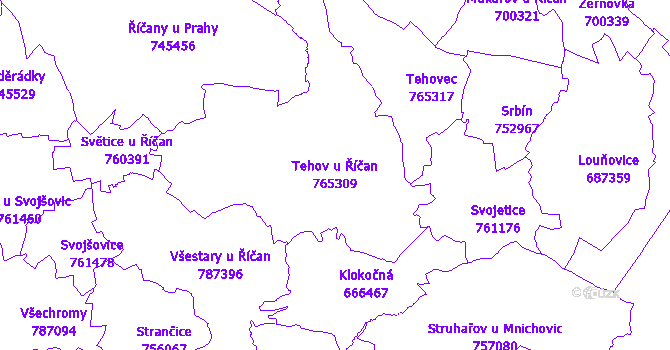 Katastrální mapa Tehov u Říčan - přehledová mapa katastrálního území