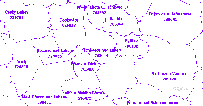 Katastrální mapa Těchlovice nad Labem - přehledová mapa katastrálního území
