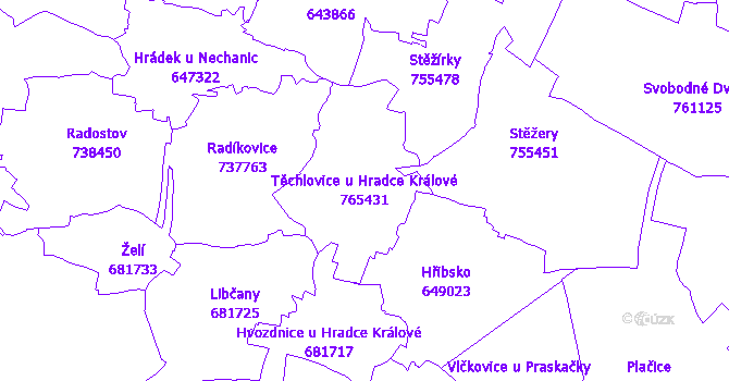 Katastrální mapa Těchlovice u Hradce Králové - přehledová mapa katastrálního území
