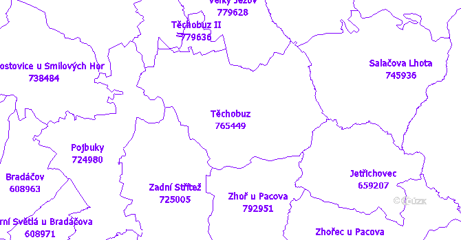 Katastrální mapa Těchobuz - přehledová mapa katastrálního území