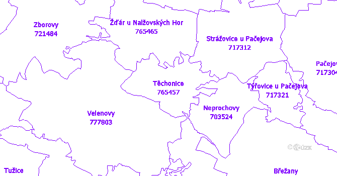 Katastrální mapa Těchonice - přehledová mapa katastrálního území
