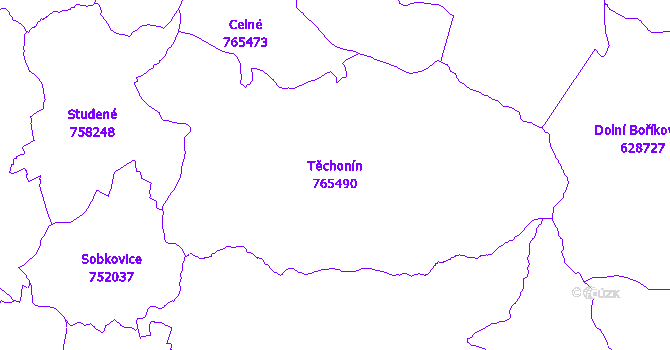 Katastrální mapa Těchonín - přehledová mapa katastrálního území