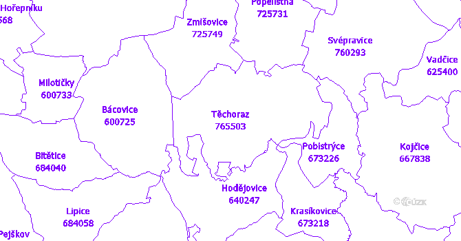 Katastrální mapa Těchoraz - přehledová mapa katastrálního území