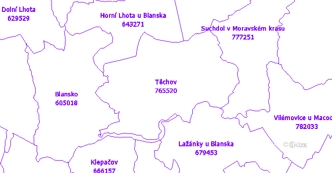 Katastrální mapa Těchov - přehledová mapa katastrálního území