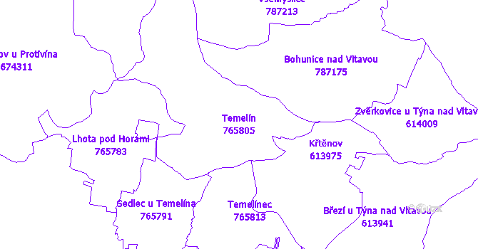 Katastrální mapa Temelín - přehledová mapa katastrálního území