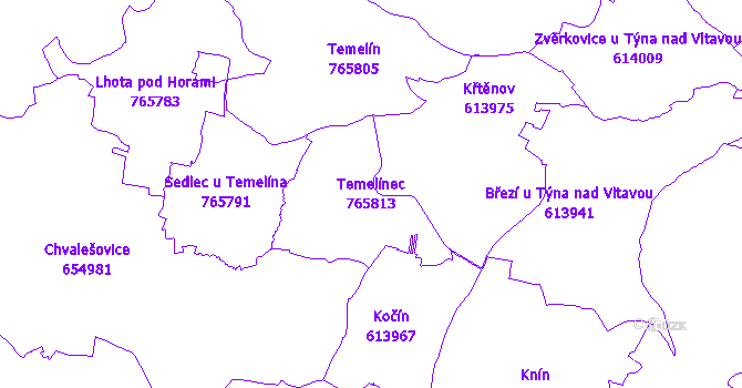 Katastrální mapa Temelínec - přehledová mapa katastrálního území