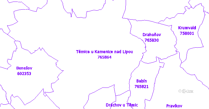Katastrální mapa Těmice u Kamenice nad Lipou - přehledová mapa katastrálního území