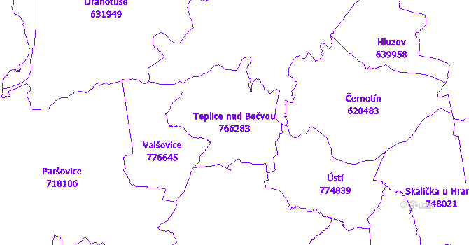 Katastrální mapa Teplice nad Bečvou - přehledová mapa katastrálního území
