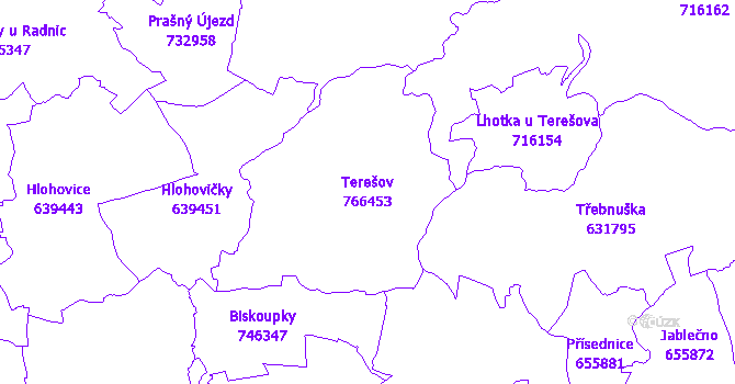 Katastrální mapa Terešov - přehledová mapa katastrálního území