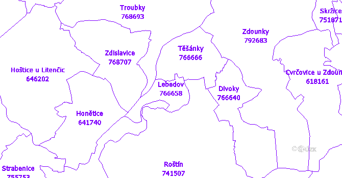Katastrální mapa Lebedov - přehledová mapa katastrálního území
