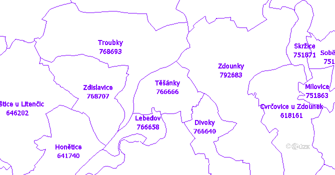 Katastrální mapa Těšánky - přehledová mapa katastrálního území