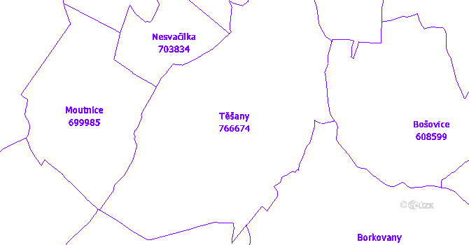 Katastrální mapa Těšany - přehledová mapa katastrálního území