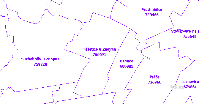 Katastrální mapa Těšetice u Znojma - přehledová mapa katastrálního území