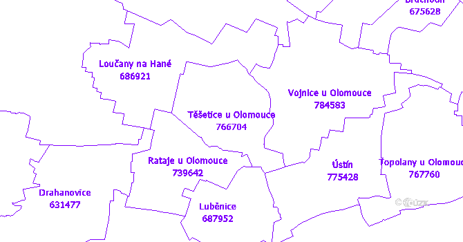 Katastrální mapa Těšetice u Olomouce - přehledová mapa katastrálního území