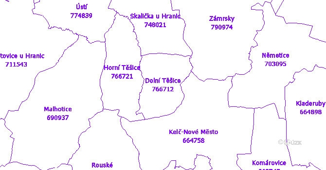Katastrální mapa Dolní Těšice - přehledová mapa katastrálního území