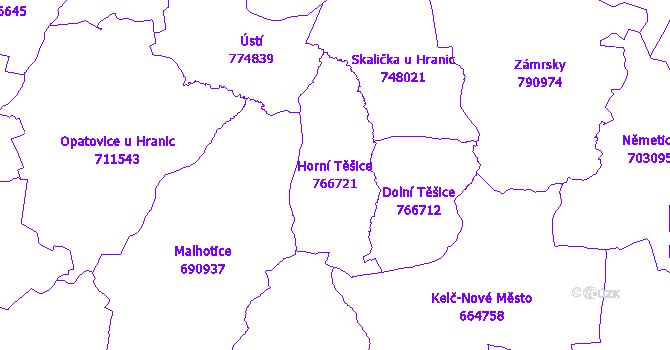 Katastrální mapa Horní Těšice - přehledová mapa katastrálního území