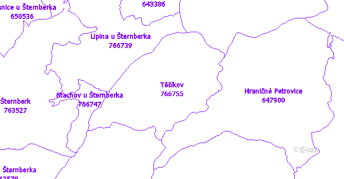 Katastrální mapa Těšíkov - přehledová mapa katastrálního území