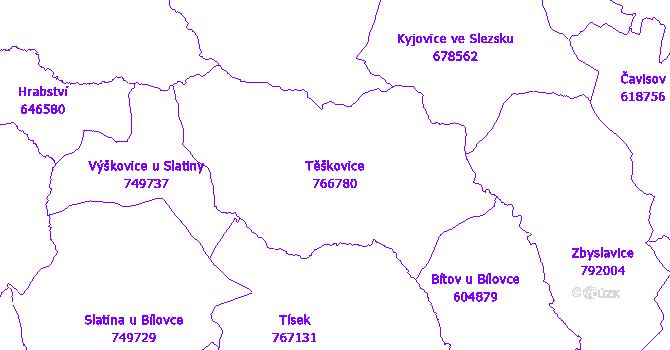 Katastrální mapa Těškovice - přehledová mapa katastrálního území