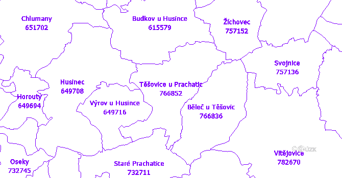 Katastrální mapa Těšovice u Prachatic - přehledová mapa katastrálního území