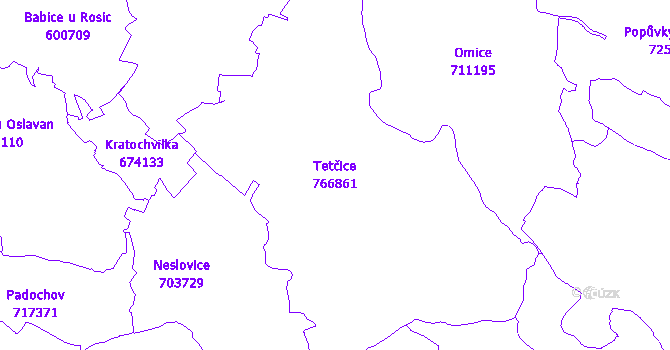Katastrální mapa Tetčice - přehledová mapa katastrálního území